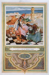 Žena kouří shisha (vodní dýmku) na terase v Alžíru, kolem roku 1900, 9barevné litho)