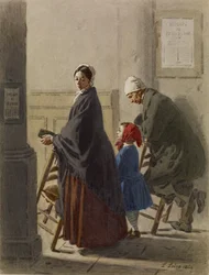 Muž, žena a dívka při modlitbě v kostele, 1864 (wc a grafit na papíře)