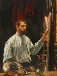 Portrét Leona Frederica, stojícího napůl délky u svého stojanu, 1900