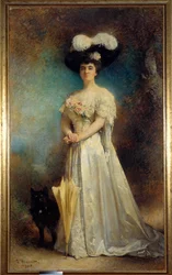 Celovečerní portrét madame Maurice Pascal a jejího psa Tiny Painting od Leona Josepha Bonnata (1833-1922) 1905 Sun. 2,17x0,9 m Pau, muzeum výtvarného umění - Celovečerní portrét Madame Maurice Pascal a jejího psa Tiny. Obraz Leona Josepha Bonnata (1833-191