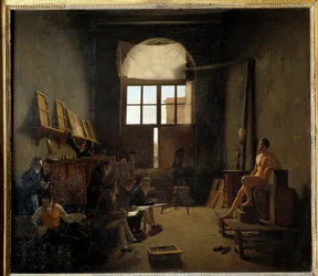 Interiér Davidova ateliéru v Collège des Quatre-Nations v roce 1814 (dnešní Institut de France). Obraz od Mathieua Cochereaua (1793-1817)
