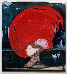 "Dáma s červeným kloboukem" Portrét elegantní dámy v červeném klobouku s peřím. Autor: Leo Schnug (1878-1933).
