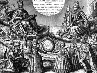 Francouzská královská rodina v roce 1607 (propaganda): francouzský král Jindřich IV. a jeho manželka královna Marie de Medicis drží dceru Kristinu; dole: jejich další děti: budoucí Ludvík XIII., Elisabeth a Henriette-Marie. Dne r : král následován svými ne