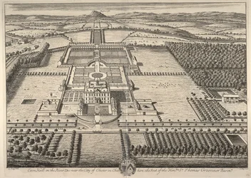 Eaton Hall na řece Dee poblíž města Chester v Cheshire, sídlo ctihodného sira Thomase Grosvenora (rytina)