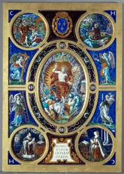 Oltářní obraz svaté kaple: Vzkříšení. Malovaný smalt od Leonarda Limosina (1505-1577)