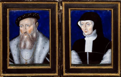 Portrét Clauda de Lorraine (1496-1550), vévody z Guise a Antoinetty Bourbonské Vendome (1494-1583), jeho manželky Enamel maloval Leonard Limosin (1505-1577) 1550 cca. Slunce. 0,25x0,2 m Ecouen, Musee national de la renaissance