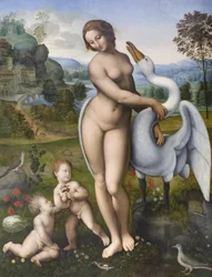 Léda a labuť, kopie podle Leonarda da Vinci (tempera na desce)