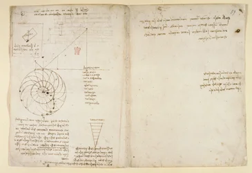 Arundel 263, f.44v, f.59 Náčrt oka a nosu tváře z profilu; poznámky o vodě, z 