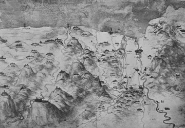 Pohled z ptačí perspektivy na část Toskánska, c1480 1945