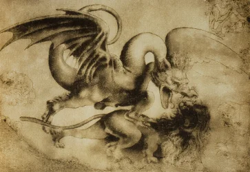 Drak zabíjející lva, kresba Leonarda da Vinci. Gabinetto dei Disegni e Stampe, Galerie Uffizi, Florencie