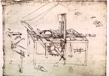 Výňatek z Da Vinciho rukopisu popisující princip a konstrukci "Hydraulické pily s automatickým posuvem" (rukopis)