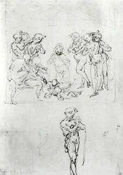 Figurální studie ke klanění tří králů, kolem 1481 (pero a inkoust a kovová jehla na papíře)