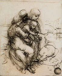 První nápad na Madonu s dítětem a svatou Annu; kresba Leonarda da Vinciho. Gallerie dell