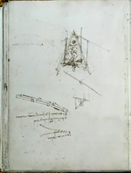 Věda a technika: rukopis o létajících strojích, předchůdce vrtulníku. Kniha Leonardo da Vinci (Leonardo da Vinci) (1452-1519). Kolem 1487. Paříž, Knihovna Institut de France