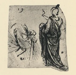 Náčrt přehozené postavy a detail kostýmu, c1480 1945