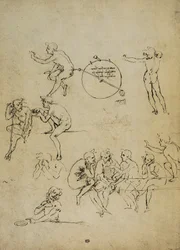 Studium lidských postav v různých polohách; kresba Leonarda da Vinciho. Louvre, Paříž