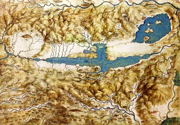Topografický pohled na krajinu kolem nížiny Arezzo a Val di Chiana, počátek 16. století