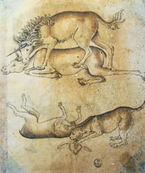 Jednorožec útočící na krávu a leopard útočící na ovci, studie zvířat, Leonardo da Vinci (1452-1519), kresba