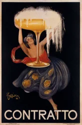Reklamní plakát na sekt "" Contratto "": malá víla, skřítek zvedající obrovský pohár. Ilustrace Leonetto Cappiello (1875-1942) 1922