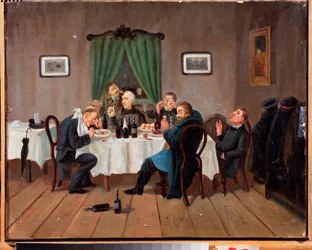 V hospodě. Obraz Leonida Ivanoviče Solomatkina (1837-1883), olej na plátně. ruské umění