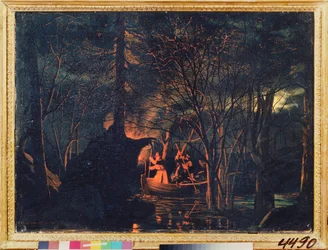 Noční lov oštěpem. Obraz Leonida Ivanoviče Solomatkina (1837-1883), olej na plátně