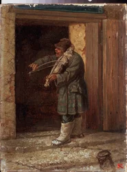 Hudebník. (Před vchodem do venkovského stavení hraje žebrák houslista). Obraz Leonida Ivanoviče Solomatkina (1837-1883)