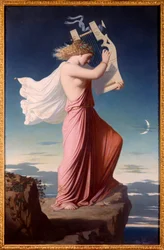 Portrét řecké básnířky Sapfó hrající na lyru, obraz Leopolda Burtheho (1823-1860), 1849. Slunce. 1,06 x 0,69 m, Carcassonne, Musée des Beaux-Arts