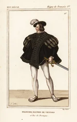 František III., vévoda bretaňský 1518-1536. Francois, vídeňský delfín a vévoda z Bretaně. Ručně kolorovaná litografie J.B. Gautier po portrétu v portfoliu Rogera de Gaignièrese VIII 14 z Le Bibliophile Jacob aka Paul Lacroix