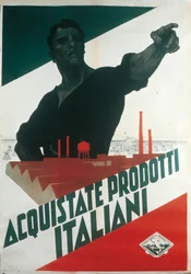 Kupujte italské výrobky, fašistický propagandistický plakát během autarkie