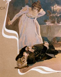 Pohlednice ilustrovaná Leopoldem Metlicovitzem (1868-1944) zobrazující scény z opery Tosca od Giacoma Pucciniho (1858-1924)