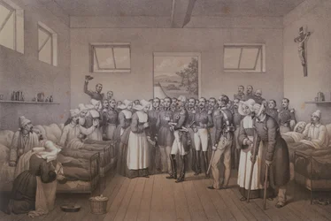 Zaměřitelný Jean Jacques Pelissier (1794-1864) vévoda z Malakoff na návštěvě zraněných vojáků po dobytí Sevastopolu v roce 1855