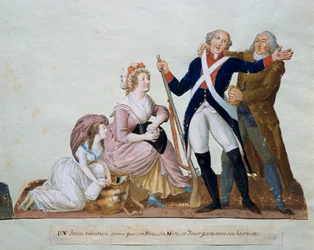 Dobrovolník odcházející do armády obklíčí svého otce, matku a sestru Gouache z bratrů Lesueurů (18. století) 18. století. Paříž. Muzeum karnevalu