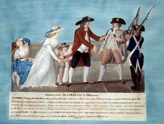 Zatčení Ludvíka XVI. ve Varennes dne 22. června 1791 Gouache des freres Lesueur (18. století) 1791. Paříž, Musee Carnavalet