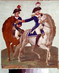 Velitel pařížské armády dává rozkazy svému pobočníkovi: zastupování vojáků během revoluce v roce 1789. Kvaš bratří Lesueurů. 18. století. Musee Carnavalet, Paříž