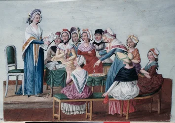 Francouzská revoluce (1789): Vlastenecký ženský klub během revoluce. Obraz bratří Lesueurových (18. století). Paříž, Musée Carnavalet.