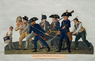Francouzská revoluce: „“ Mladí muži jdou cvičit s kánonem“““ Rytina bratří Lesueurů (18. století). Paříž, Musee Carnavalet