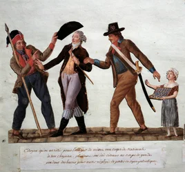 Francouzská revoluce: „Občan je zastaven, aby byl donucen připnout si na klobouk národní kokardu“. 18. století. Musée Carnavalet, Paříž