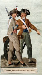 Francouzská revoluce: „Občan pózuje ve frakci poblíž děla““. Kvaš bratří Lesueurů. 18. století. Musee Carnavalet, Paříž