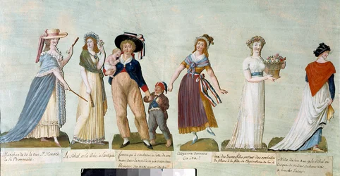 Francouzská revoluce roku 1789: dámská móda v revoluční době (revoluční žena). Kvaš bratří Lesueurů (18. století). Paříž, Musée Carnavalet.