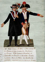 Francouzská revoluce: zastoupení Jeana Sylvaina Baillyho (1736-1793), předsedy Ústavodárného shromáždění ve Versailles a tehdejšího starosty města Paříže, nařídil 17. července 1791 na Champs zastřelit jezdce zaměřené na svržení krále. -de-Mars. On