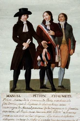 Francouzská revoluce: revolucionáři Jerome Petion (1756-1794), Jacques Antoine (Jacques-Antoine) Manuel (1775-1827) a Pierre-Gaspard (Pierre Gaspard) Chaumette dit Anaxagoras (1763-1794), mluvčí nespoutaných. Kvaš od bratří Lesueurů (18