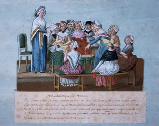 Setkání Vlasteneckého klubu žen, Jean-Baptiste Lesueur, barevný tisk, Francie, Francouzská revoluce