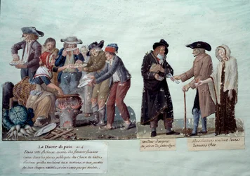 Scény za Francouzské revoluce: „“ nedostatek chleba, prodavač peněz a rentiéři prodávající své efekty““. Kvaš bratří Lesueurů, kolem roku 1789. Musee Carnavalet, Paříž
