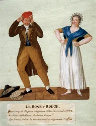 Červený klobouk. Muž nosí frygickou čapku v době revoluce roku 1789. Kvaš bratří Lesueurových. 18. století. Musée Carnavalet, Paříž