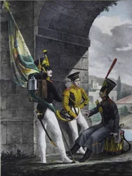 Podpraporshchik , bubeník a hornista Finliandského gardového pluku, 1829