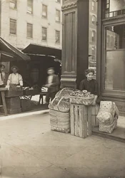 Lena Lochiavo, 11 let, prodavačka košíků a preclíků, na trhu Sixth Street před vchodem do salónu, Cincinnati, Ohio, srpen 1908 (želatinový stříbrný tisk)