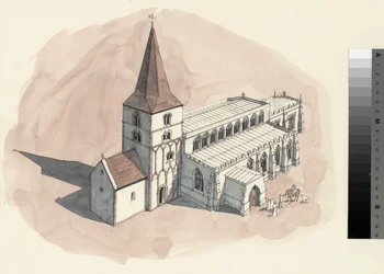 Rekonstrukční kresba kostela sv. Petra z 15. století (akvarel na papíře)