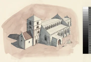 Rekonstrukční kresba kostela sv. Petra z 18. století (akvarel na papíře)
