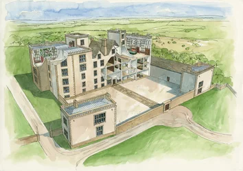 Rekonstrukce Hardwick Old Hall z roku 1620 (akvarel na papíře)