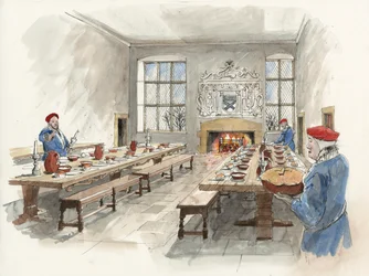 Rekonstrukce Velkého sálu v Hardwick Old Hall z roku 1601 (akvarel na papíře)